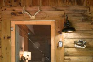鸽子谷Couples Getaway Cabin near National Park w Hot Tub的一间设有木墙、门和灯的房间