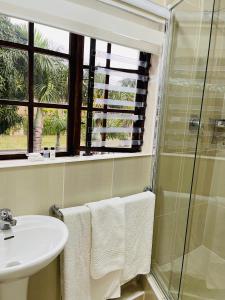 德班African Oyster的浴室配有盥洗盆、淋浴和毛巾