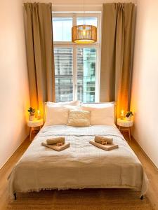 莱比锡LE Vacation 3-Room-City-Apartment, Küche, Neflix, Free TV的一间卧室配有一张床,上面放着两个托盘