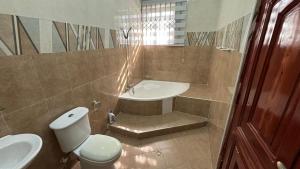 OyibiMatKay 3 bedroom House的浴室配有卫生间、盥洗盆和浴缸。