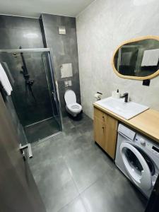 米哈洛夫采Apartmán Twins Blue blízko centra的浴室配有卫生间、盥洗盆和淋浴。