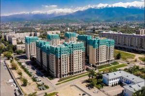 阿拉木图Halal Apart Hotel Almaty的享有大建筑的空中景色,背景是群山