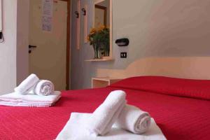 里米尼Hotel Laura Beach的一间卧室,在红色的床上配有毛巾