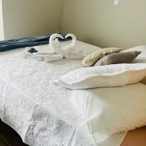 圣托梅-达斯莱特拉斯Hotel Chão Mineiro的两只天鹅用毛巾制成,坐在床上