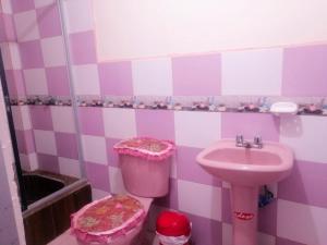 巴尼奥斯Casas vacacionales Baños的粉红色和紫色的浴室设有水槽和卫生间