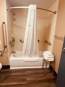 奈阿克FairBridge Inn Express Nyack的带浴缸和淋浴帘的浴室