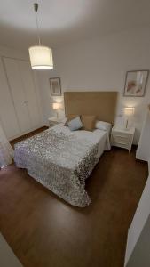 阿桂拉斯Apartamento moderno vacacional的一间卧室配有一张床、两张桌子和两盏灯。