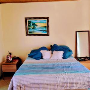 里约达欧特拉斯Casa Via Sol, Rio das Ostras的一间卧室配有一张带蓝色枕头的床
