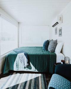 阿尔派恩New Starry Night Shipping Container Home的一间卧室配有一张带绿毯的床