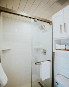 阿尔派恩New Starry Night Shipping Container Home的带淋浴的浴室和玻璃门
