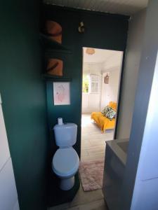 勒罗贝尔Bungalow Soleil Levant的一间带蓝色卫生间的浴室和一间卧室