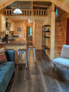 查塔努加Ani Cabin Tiny Home Bordered By National Forest的小木屋内的厨房和客厅