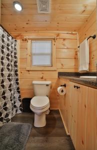 查塔努加Eden Cabin Forested Tiny Home On Lookout Mtn的小木屋内的浴室设有白色卫生间