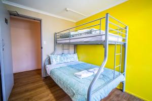 埃尔利海滩The Hostel, Airlie Beach的一间卧室设有双层床和黄色的墙壁