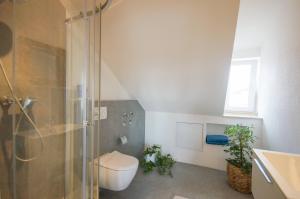 海德堡Modernes und helles Apartment im Loft Stil的带淋浴、卫生间和盥洗盆的浴室