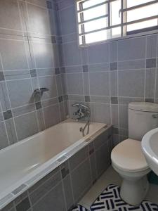 卢萨卡Edmut Apartments的浴室配有卫生间、浴缸和水槽。