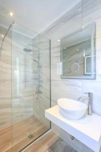 萨米Filalithis Studios & Apartments的一间带水槽和玻璃淋浴的浴室