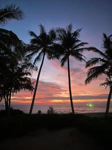 富国Tanya Phu Quoc Hotel的日落时分海滩上的两棵棕榈树