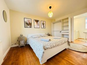 拉昂Maison des chenizelles的一间卧室配有一张床,铺有木地板