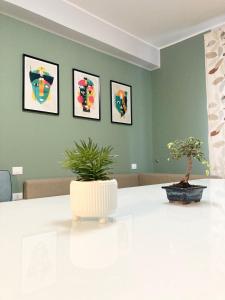 雷焦卡拉布里亚"Il Garibaldi" - Appartamento intero o stanze!的一张白色桌子,里面放着两盆植物