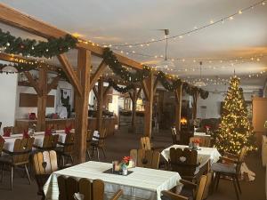 Penzion Golf Luby的餐厅设有桌子和圣诞树及灯