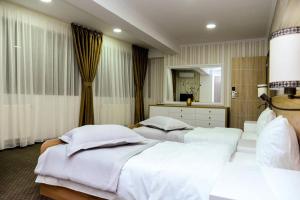 雅西Hotel Ildis的一间卧室配有两张床和镜子