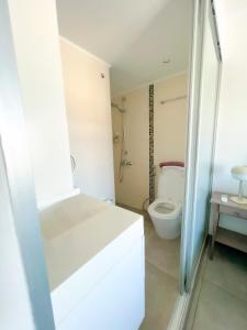 利马索尔Panoramic Sea View Apt - 2bed的白色的浴室设有卫生间和水槽。