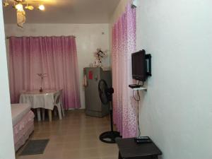 阿尔科伊Michelle's Apartment alcoy的一间设有粉红色窗帘、电视和桌子的房间