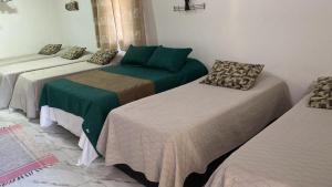 卡舒埃拉斯迪马卡库Hotel Fazenda Chiminelli的配有绿色和棕色床单的客房内的三张床