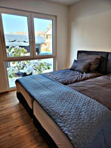 布拉河畔的海登海姆Lions Place Premium Apartments COMFORT optionaler Zugang zum SPA- Bereich的一张大床,位于带大窗户的房间里