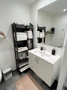 欧登塞Attraktiv lejlighed的白色的浴室设有水槽和镜子