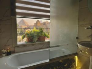 开罗The Museum Boutique的带浴缸的浴室和种植了植物的窗户