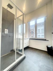 布鲁塞尔Cosy Apartment Brussels - Cinquantenaire的一间带玻璃淋浴和窗户的浴室