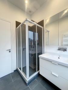 布鲁塞尔Cosy Apartment Brussels - Cinquantenaire的带淋浴和盥洗盆的浴室