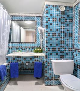 突尼斯El Oumara Hotel的蓝色瓷砖浴室设有卫生间和水槽
