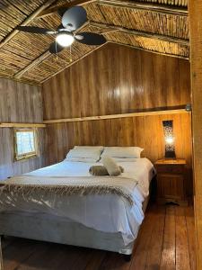 约翰内斯堡Sandton Safari Camp的一间卧室配有一张带吊扇的床