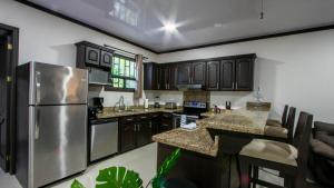 福尔图纳Chachagua Suites & Villas的厨房配有木制橱柜和不锈钢冰箱。