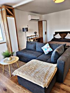 布拉河畔的海登海姆Lions Place Premium Apartments EXECUTIVE Luxus PENTHOUSE inklusive SPA的客厅配有蓝色的沙发和床。