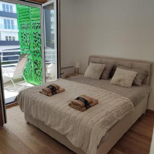 Novi BeogradDuki1的一间卧室配有一张大床和毛巾