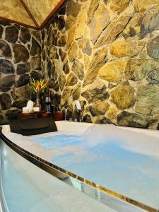 爱妮岛爱妮岛观景台小屋 的带浴缸的石墙客房