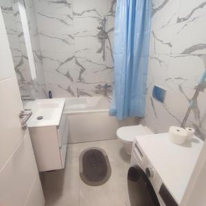 Novi BeogradDuki1的浴室设有卫生间水槽和淋浴帘