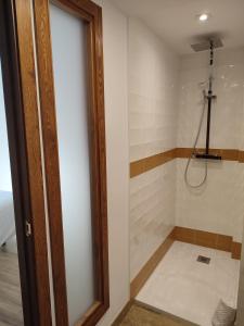 莫利纳德亚拉贡Alojamiento Rural Tres Palacios的浴室里设有玻璃门淋浴