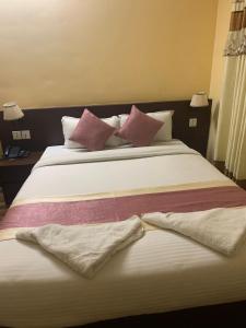 加德满都Rameshworam Hotel的一张大床,上面有粉红色和紫色枕头