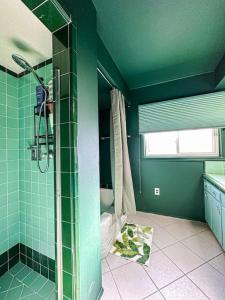 洛杉矶Relaxing 6 BR Oasis with Pool - Lou1的绿色浴室设有淋浴和卫生间