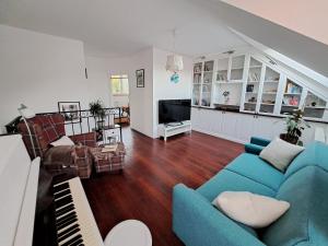 TrnávkaFamily house with garden and sauna的客厅配有蓝色的沙发和钢琴