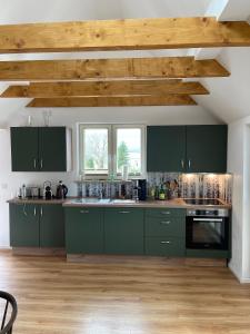 宾茨Altes Fischerhaus in Binz的厨房设有绿色的橱柜和木制天花板。