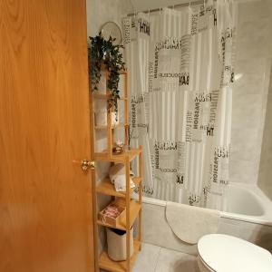 坎普罗东Muralla的带淋浴帘和卫生间的浴室