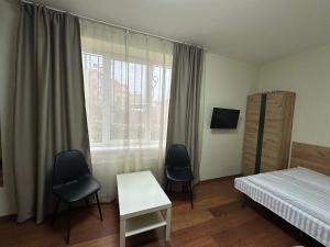 乌日霍罗德Modern Apartments Uzhgorod的一间卧室配有一张床、两把椅子和一个窗户