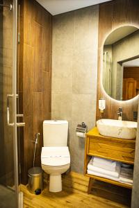 布克维扎提硕克酒店的一间带卫生间、水槽和镜子的浴室