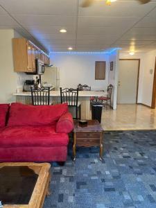 SayreSpacious Apt near Guthrie Packer的一间带红色沙发的客厅和一间厨房